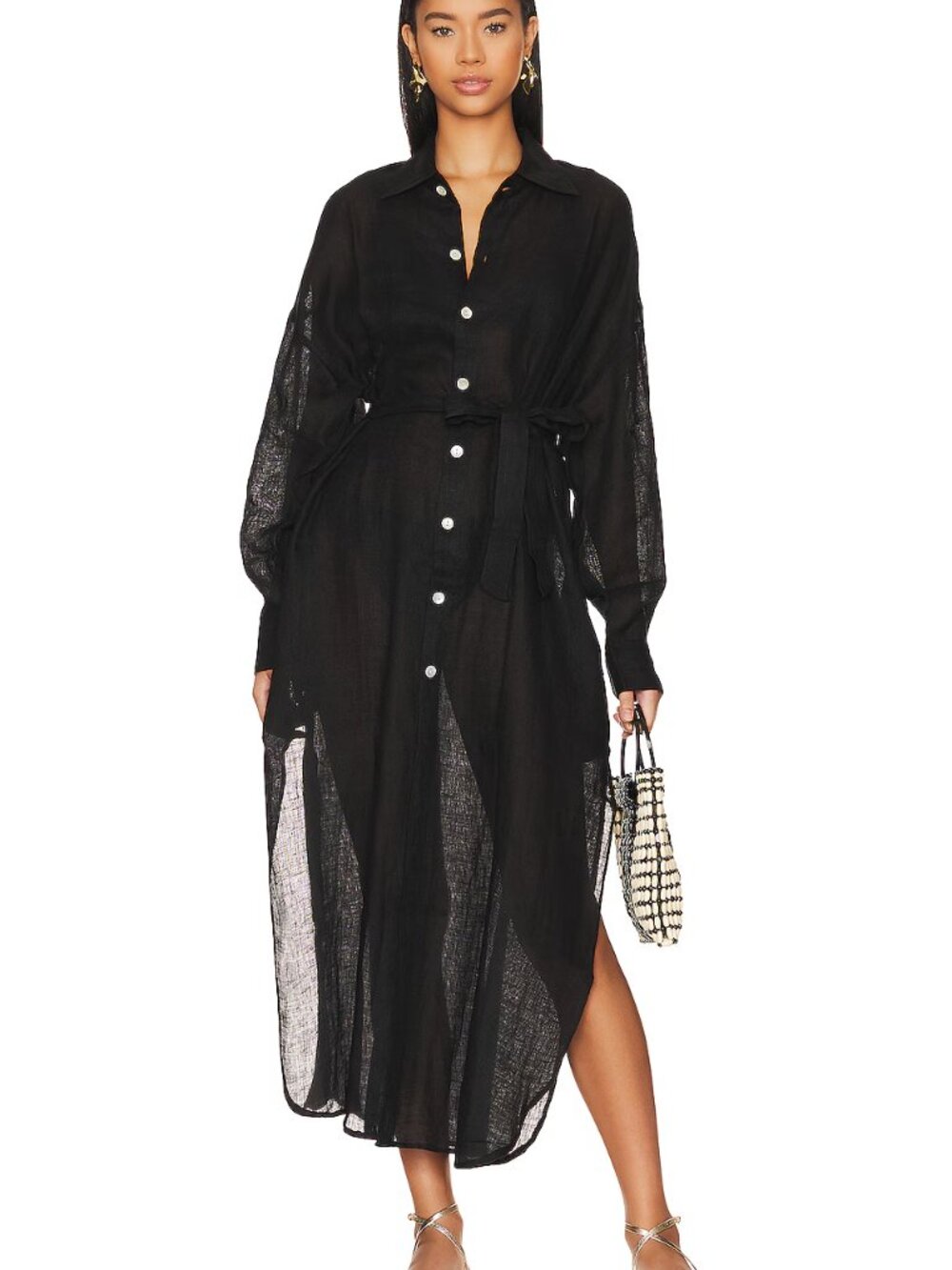Vitamin A Playa Caftan Maxi Black Button-Front Linen Shirt Dress